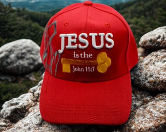 Jesus Is the Key Hat – John 15:7 Red Christian Cap – Religious Embroidered Baseball Hat – Unisex Faith Gift. Jesus Hat. I Love Jesus Cap