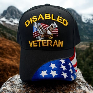 Disabled Veteran Hat – Proud Veteran Black Cap – Adjustable Patriotic USA Hat – Gift for Veterans. Disabled Veteran With American Flag Hat