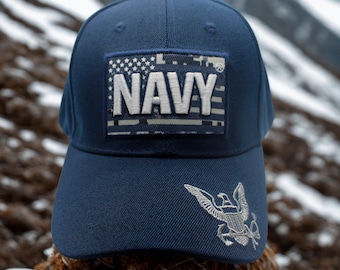 アメリカ国旗入りアメリカ海軍帽子。刺繍入り海軍退役軍人キャップ