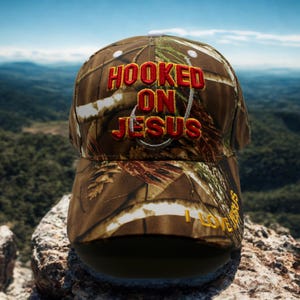 May include: A camouflage baseball cap with the words "HOOKED ON JESUS" embroidered in red. The brim of the cap has the text "I LOVE JESUS" in yellow. The cap is brown, green, and white.