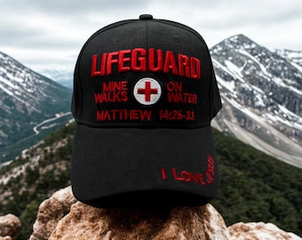 Gorra cristiana de salvavidas. Él camina sobre el agua (Mateo 14:25-33). Gorra bordada con la inspiración de Jesús. Gorra "Amo a Jesús". Gorra negra de Jesús. Fe.