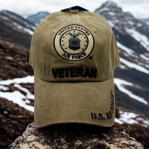 U.S Air Force Veteran Hat – Washed Brown USAF Veteran Baseball Cap. Officially Licensed U.S Air Force Embroidered Logo Cap. USAF Veteran Hat