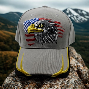 USA Baseball Cap. Bald Eagle American Flag Hat. Patriotic Embroidered Cap. Veteran Hat. USA Flag Gray Hat. Bald Eagle Hat. Bald Eagle Cap