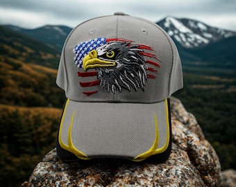 Gorra de béisbol de EE. UU. Gorra con águila calva y bandera estadounidense. Gorra patriótica bordada. Gorra de veterano. Gorra gris con bandera de EE. UU. Gorra de águila calva. Gorra de águila calva