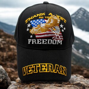 Thank A Vet for Your Freedom – Veteran Hat with American Flag & Bald Eagle Embroidery. Military Pride Baseball Cap. Retired Hat. Veteran Hat