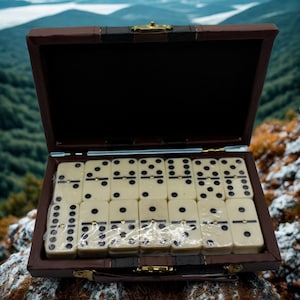 May include: A brown leather domino set case, open to show a full set of cream-coloured dominoes with black dots. The case has a gold-coloured clasp and a dark brown interior. The background shows a mountain landscape.