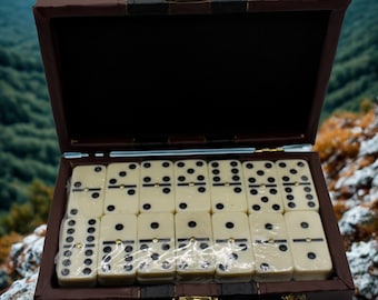 Classic Domino Set in Leather Travel Case. Vintage-Style Dominoes with Storage Box. Family Game Night Gift. Collectible Board Game Set