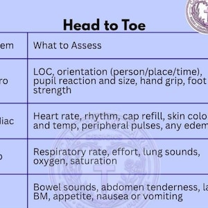 May include: A light purple educational chart titled Head to Toe with a table listing medical assessment categories including Neuro, Cardiac, Resp, and GI, along with specific assessment points like LOC, heart rate, lung sounds, and bowel sounds.