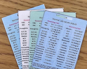 May include: A stack of four cards displaying normal lab values for adults. Each card has a different color background and lists hematology and electrolyte values with their respective ranges. The cards are arranged at a slight angle.
