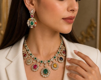Set di collana Navratna / Nove pietre di moissanite / Gioielli in argento 925