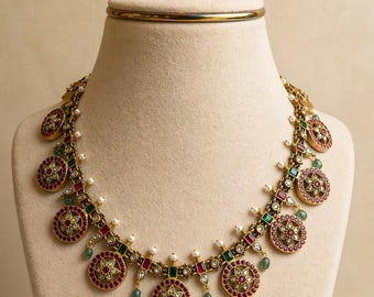 Collar Kundan Battu Mala / Plata 92.5 con sello de garantía / Joyería tradicional india / Collar llamativo
