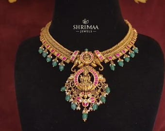 925 Varalakshmi Jalebi Halskette | Südindischer Tempelschmuck | Muster | 24K Vergoldet