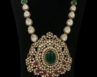 92.5 Silver Bridal Necklace | Uncut Moissanite Polki & Emerald | Sabyasachi Inspired Big Pendant Jewelry