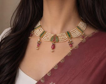 Braut Kundan Halskette mit Swarovski Off White Perlen | 92,5 Sterling Silber gestempelt | Indischer Hochzeitsschmuck