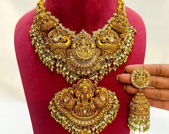 925 Sterling Silber Tempel Schmuck Set, Südindische Vergoldete Halskette Ohrringe, Nakshi Brautschmuck, Indischer Hochzeitsschmuck