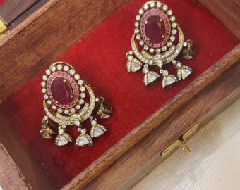 Roter Rubin Moissanit Ohrringe | Silber 92,5 | Statement Ohrringe | Indischer Designer Schmuck