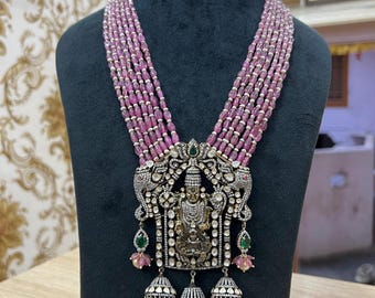 92.5 Silver Temple Necklace: Ruby, Pearl, & Lord Venkateswara Pendant