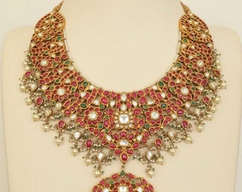 92.5 Hallmark Pure Silver Kundan Necklace | 22KT Gold Plated Indian Bridal Jewelry | Handmade Ethnic Statement Necklace