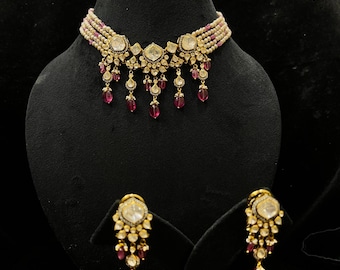 Gold Plated Silver Choker Set | Moissanite, Ruby & Pearl Necklace Earrings