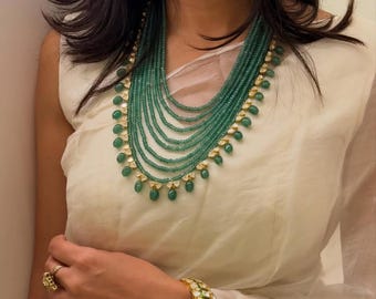 Emerald Multi Strand Necklace | Uncut Green Gemstone | Moissanite Polki | 92.5 Silver Jewelry