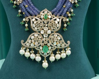 Victorian Sterling Silver Butterfly Necklace | Tanzanite, Emerald, Pearl, Moissanite