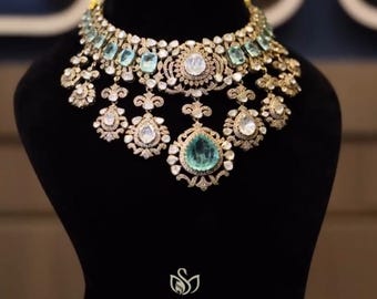 Royal Smaragd Polki Halskette | 925er Silber | Moissanit Brautschmuck