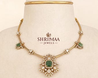 Kanti Stil Polki Halskette | Diamantarbeit | 925 Silber Ethnic Brautschmuck