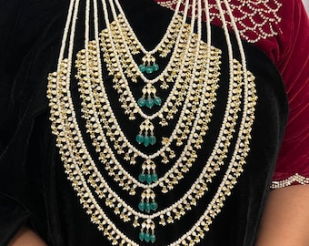 Moissanite & Emerald Satlada Necklace | 24Kt Gold Plated 92.5 Silver Bridal Jewelry
