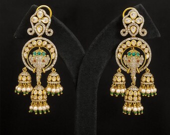 Gold Plated Bal Ganesha Jhumka Earrings | Moissanite & Rice Pearl