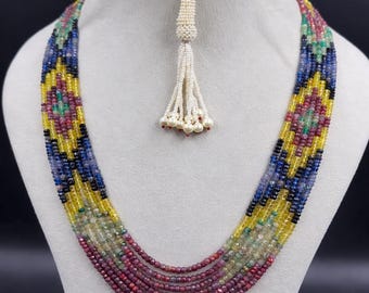 Multicolor Gemstone Beads Necklace | Handmade Layered Jewelry | Adjustable Tassel Statement Necklace