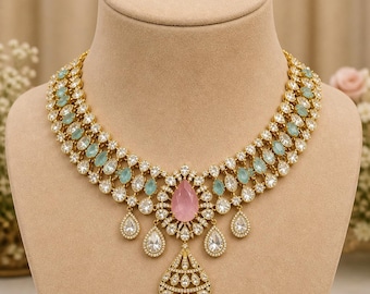 Ungeschliffenes Moissanit Polki Schmuck Set | Mit 92,5 Silber gestempelt | 24K Vergoldetes Braut Set