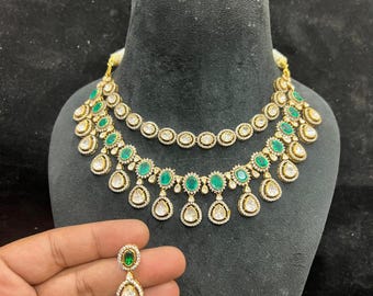 Smaragd & Moissanit Polki Brautschmuck Set: 22kt Vergoldetes 925er Silber