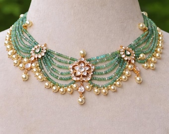 Green Beaded Emerald Necklace | 92.5 Silver Hallmark | Pearl Drop Multi Strand Choker
