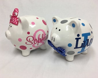 Piggy Bank: Personalized ceramic Piggy Bank - monogram, name, polka dots, flowers or stars, baby shower gift, children, ring bearer gift