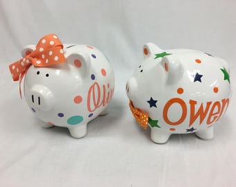 Personalized ceramic Piggy Bank with name, flowers and polka dots - baby shower gift, children