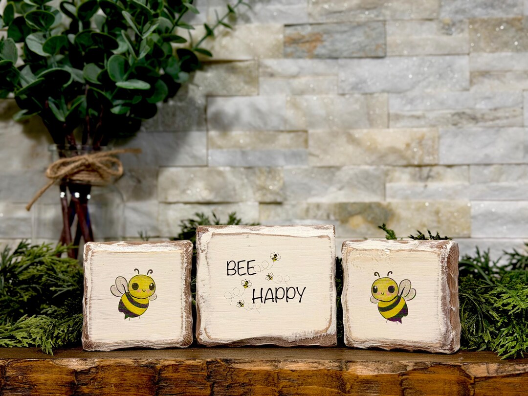 Bee Block Sign Chunky Block Sign Set | Bee Happy - Etsy
