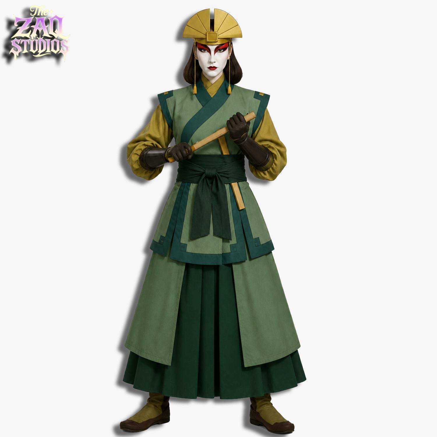 Avatar Kyoshi Cosplay Costume - Earth Kingdom Warrior Kimono - Legend of Korra Inspired Anime Outfit - Women's Green & Mustard Cotton Hanfu