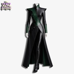 Lång lädertrenchcoat med smaragdgudinna - Loki-inspirerad gotisk fantasidust - medeltida trickster-cosplayöverrock från Zaq Studio