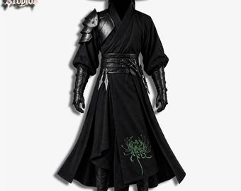 Wool Samurai Robe Coat & Leather Armor, Spider Lily Embroidery - Cyberpunk Ronin Cosplay, Gothic Shinobi Trench Coat, Dark Assassin Kimono