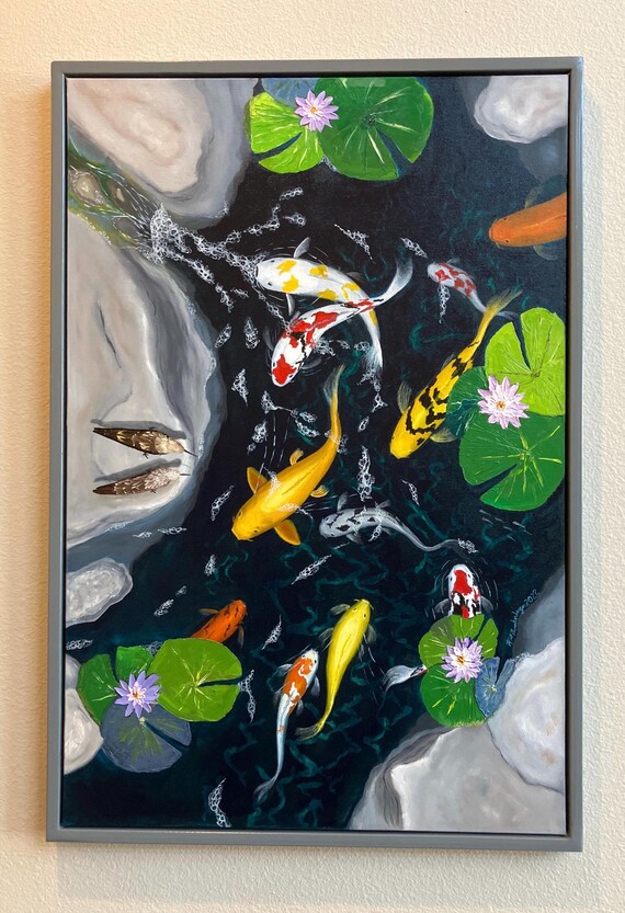 オリジナル油絵 - 「Minnows Inbound」、鯉の池 | 美術 | 鯉 | - Etsy 日本