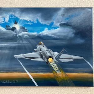 Origineel olieverfschilderij: &#39;Patrijspoort naar de lucht&#39; | F-35C | Marineblauw | Bliksem II | Marineluchtvaart | Jet | Piloot | VFA-147 |