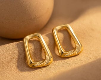 Square golden stud earrings, Square hoop golden earrings, Chunky hoops earrings, Thick hoops earrings, Geometric hoop earrings