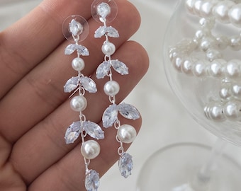 Leaf earrings with pearl bridal, Leaves wedding earrings, Long crystal earrings, Long pearl and gemstone earrings, Bridal dangle earrings