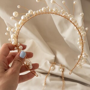 Silver Pearl Branch Tiara with Matching Drop Earrings - Women Accessories Silver Leaf Tiara and Pearl Jewelry Set for Bride Women  main image 4