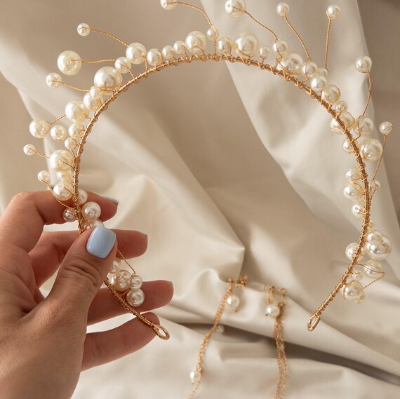 Pearls Head Piece, Bridal Pearl Headband, Bridal Jewelry Set  display picture 2