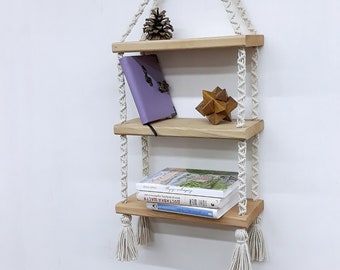 Triple macrame hanging shelf Boho macrame shelves Eco-friendly nursery shelf Double wooden shelf Bohemian home Modern wall mount shelves