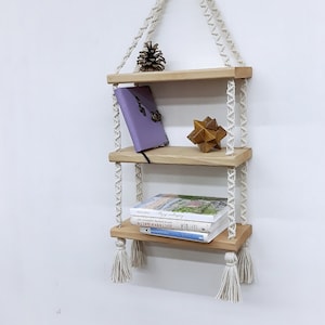 Triple macrame hanging shelf Boho macrame shelves Eco-friendly nursery shelf Double wooden shelf Bohemian home Modern wall mount shelves
