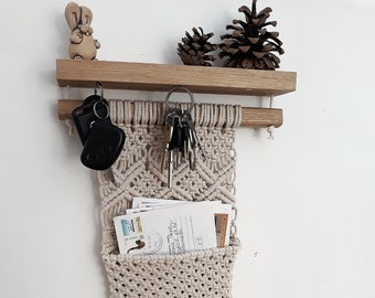 Macrame wall pocket with magnetic key holder Wood floating shelf  Entryway macrame organizer Wall hanging Boho storage Bohemian home decor