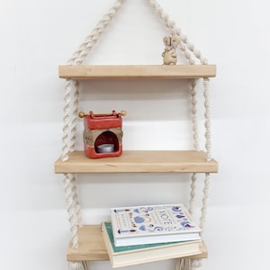 Triple macrame hanging shelf Boho shelves Eco-friendly nursery shelf Wooden three tier shelf Modern wall mount shelves 3 tier rope shelf