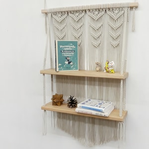 Macrame shelf Double hanging shelf Large wooden hanging shelf Boho home decor Bohemian room wall decor Hanging shelves Modern macrame decor